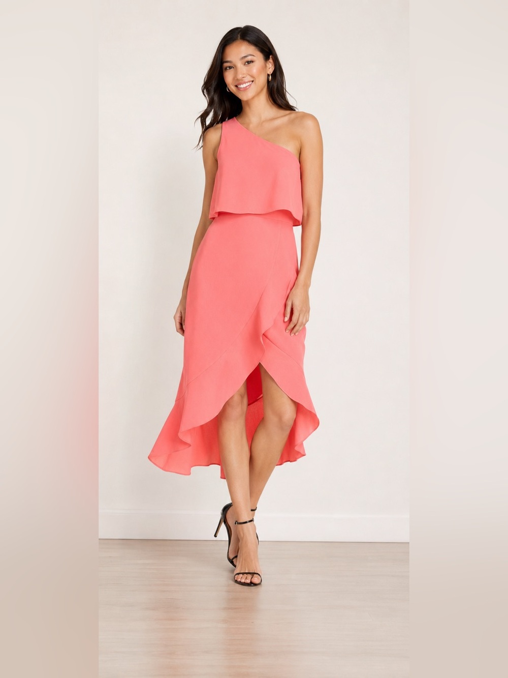 AQUA NWT Womens Coral Crepe Flounce Cocktail One-Shoulder Midi Dress Stretch
